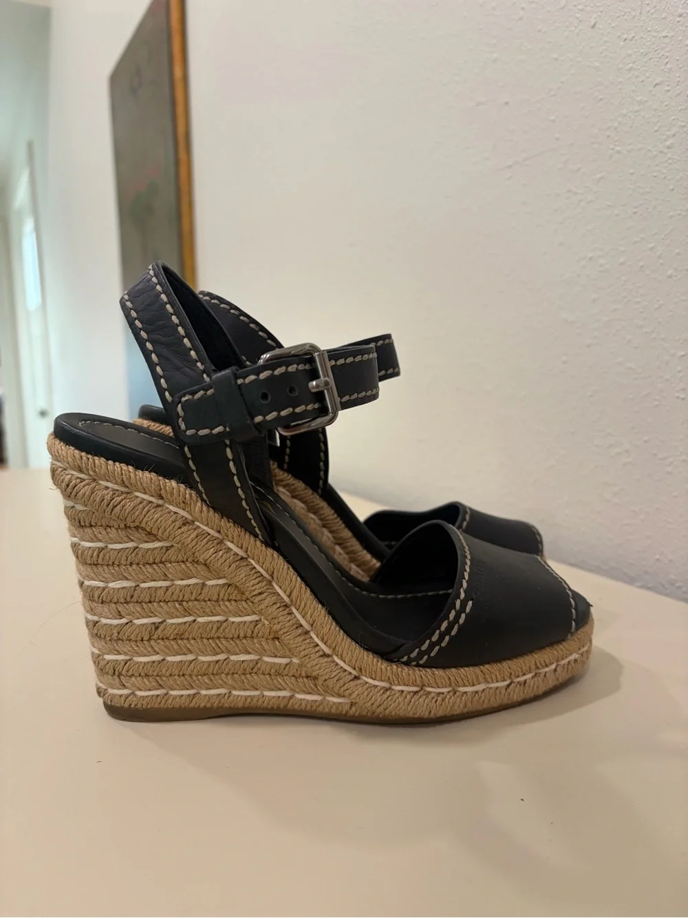 Prada Black Leather Espadrille Wedge Sandals with Contrast Stitching